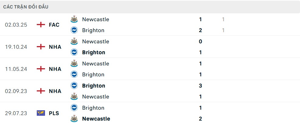 Lịch sử đối đầu Brighton vs Newcastle